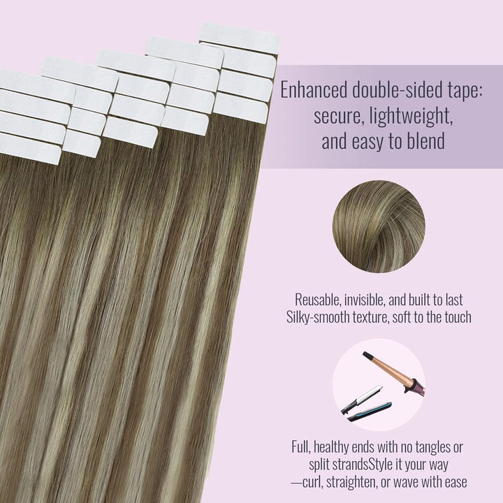 Fshine Haarverlängerung Tape Echthaar 45cm Echthaar Remy Extensions Tape 50 Gramm Balayage Dunkelbra