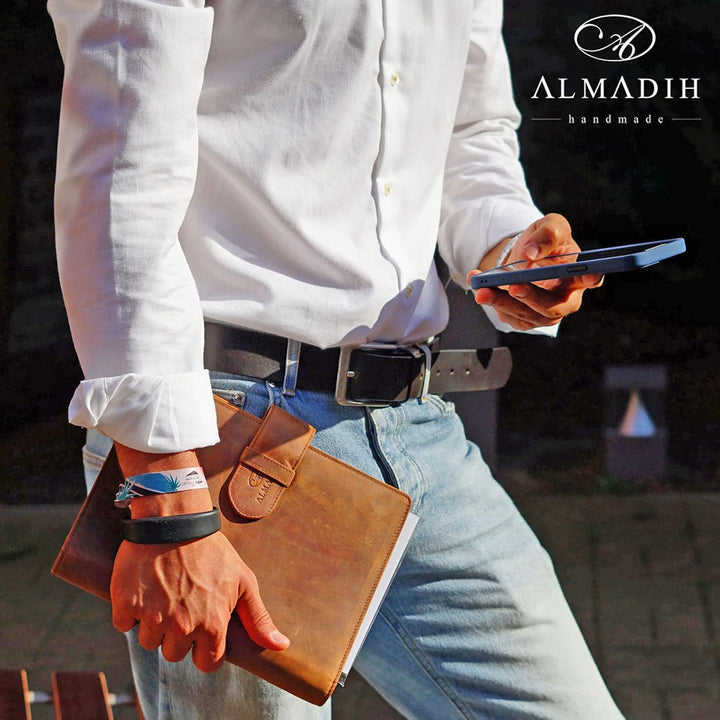 ALMADIH Leder A5 Schreibmappe Schreibblock Premium Rindsleder Braun Deluxe Ledermappe Mappe Dokument