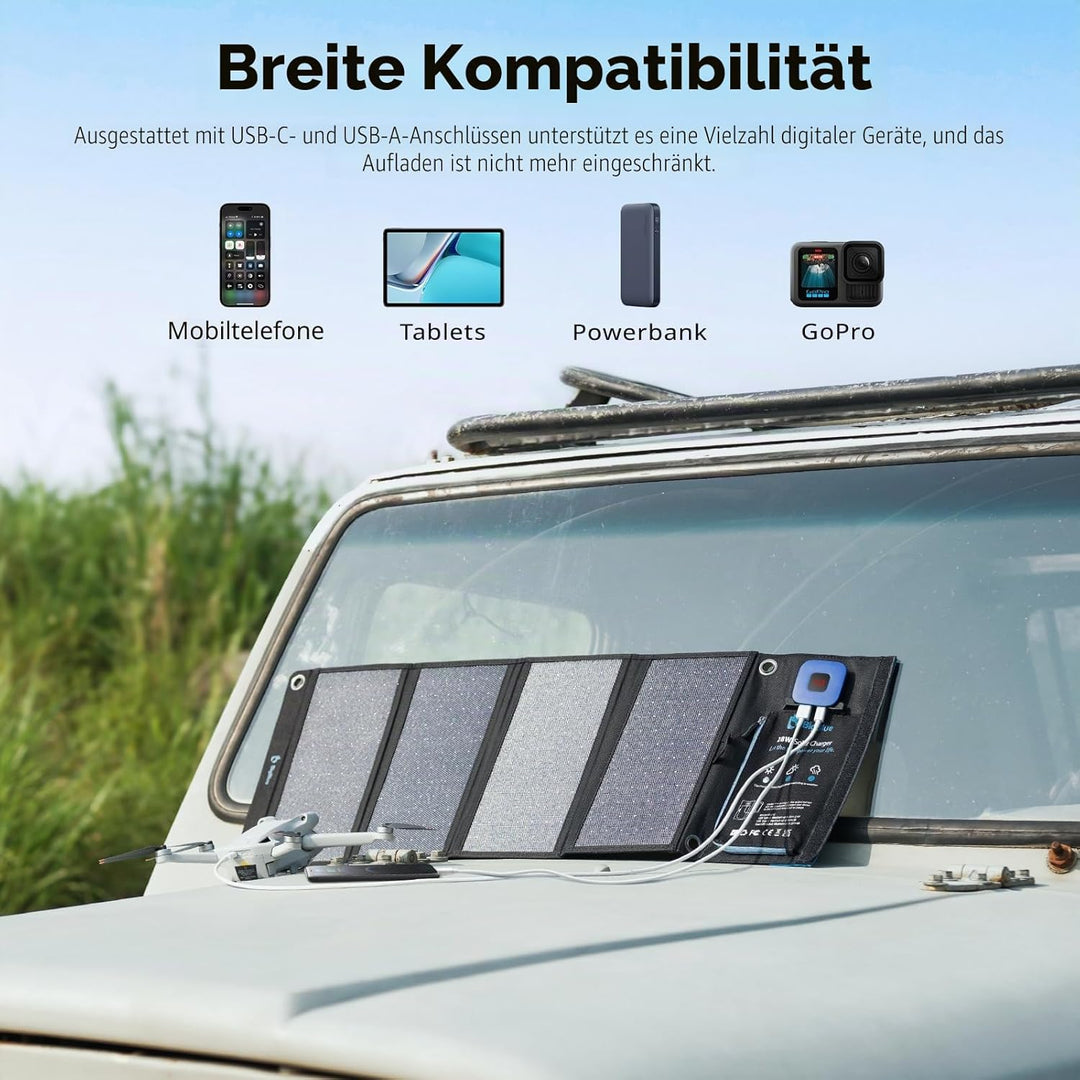 BigBlue 28W Tragbar Solar Ladegerät 2-Port USB(5V/4A insgesamt), IPX4, Solarpanel mit Digital Ampere
