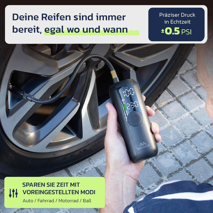 Woowind LP1 Akku Luftpumpe Elektrisch 150PSI (10,3 Bar) Mini Kompressor Kleine Fahrradpumpe, 5 Modi,