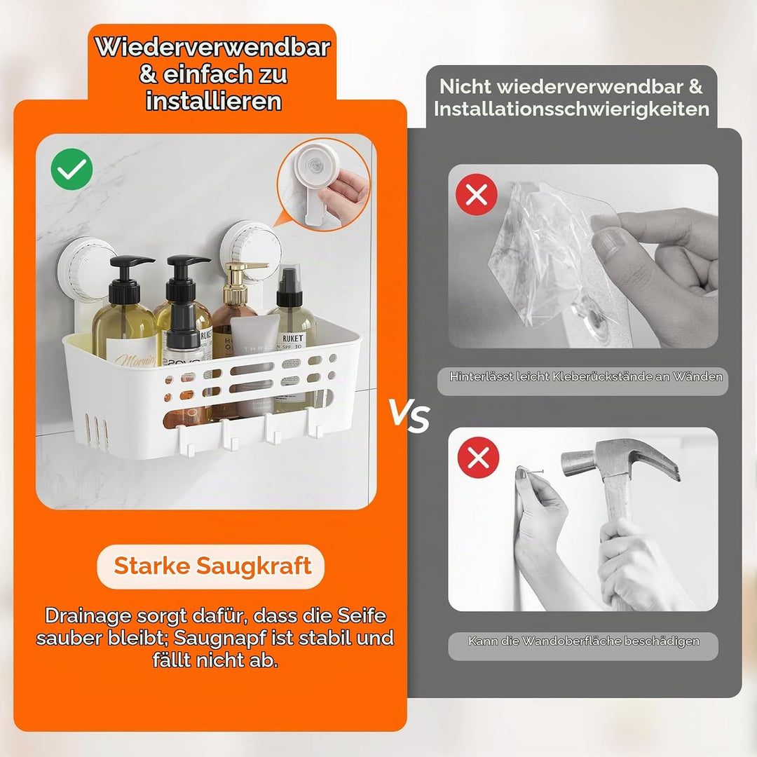 Lifewit Saugnapf Badregal, Duschablage Ohne Bohren, Kunststoff Bad Duschablage mit 4 Haken Duschrega