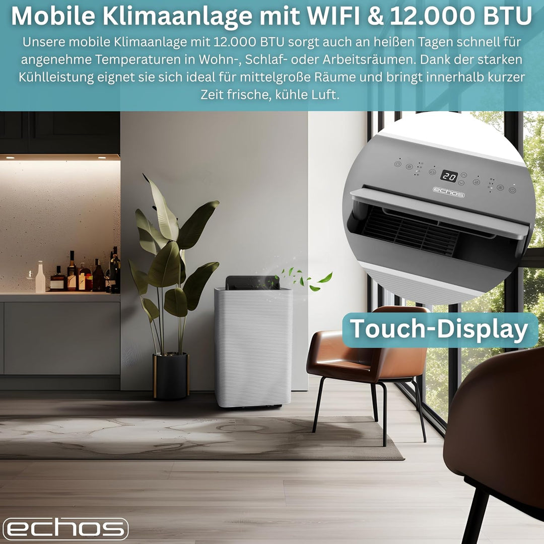 Echos® Mobile Klimaanlage 12.000 BTU mit Abluftschlauch WiFi & Fensterabdichtung Mobiles Klimagerät