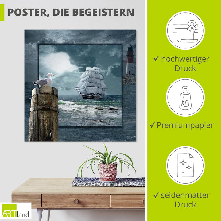 ARTland Poster Kunstdruck Wandposter Bild ohne Rahmen 70x70 cm Meer Küste Maritim Schiff Segelschiff