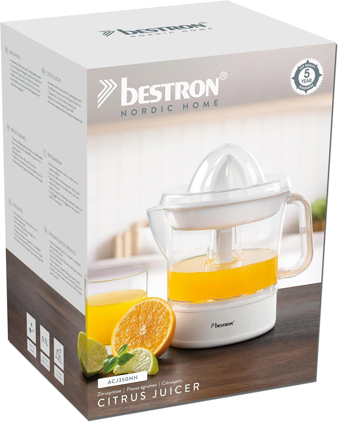 Bestron elektrische Zitrus- & Orangenpresse, inkl. 2 Presskegel und Aromadeckel, Motor mit zwei Dreh