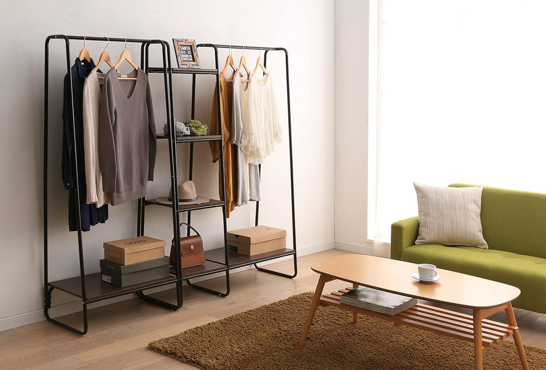 Iris Ohyama Kleiderständer mit Holzregal, 1 Ebene, Schwarz, Modernes Design, Robuster Rahmen, rutsch