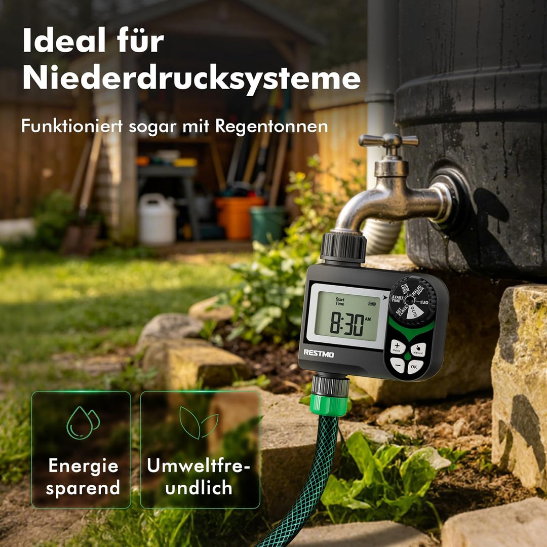 RESTMO Bewässerungscomputer mit druckverlustfreiem Kugelhahn (0-120 PSI), Intervall-Programm (2 Modi