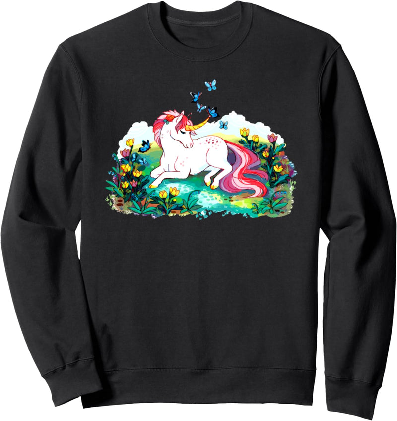 Buntes Unicorn, das auf einem Blume gefüllten Gebiet legt Sweatshirt