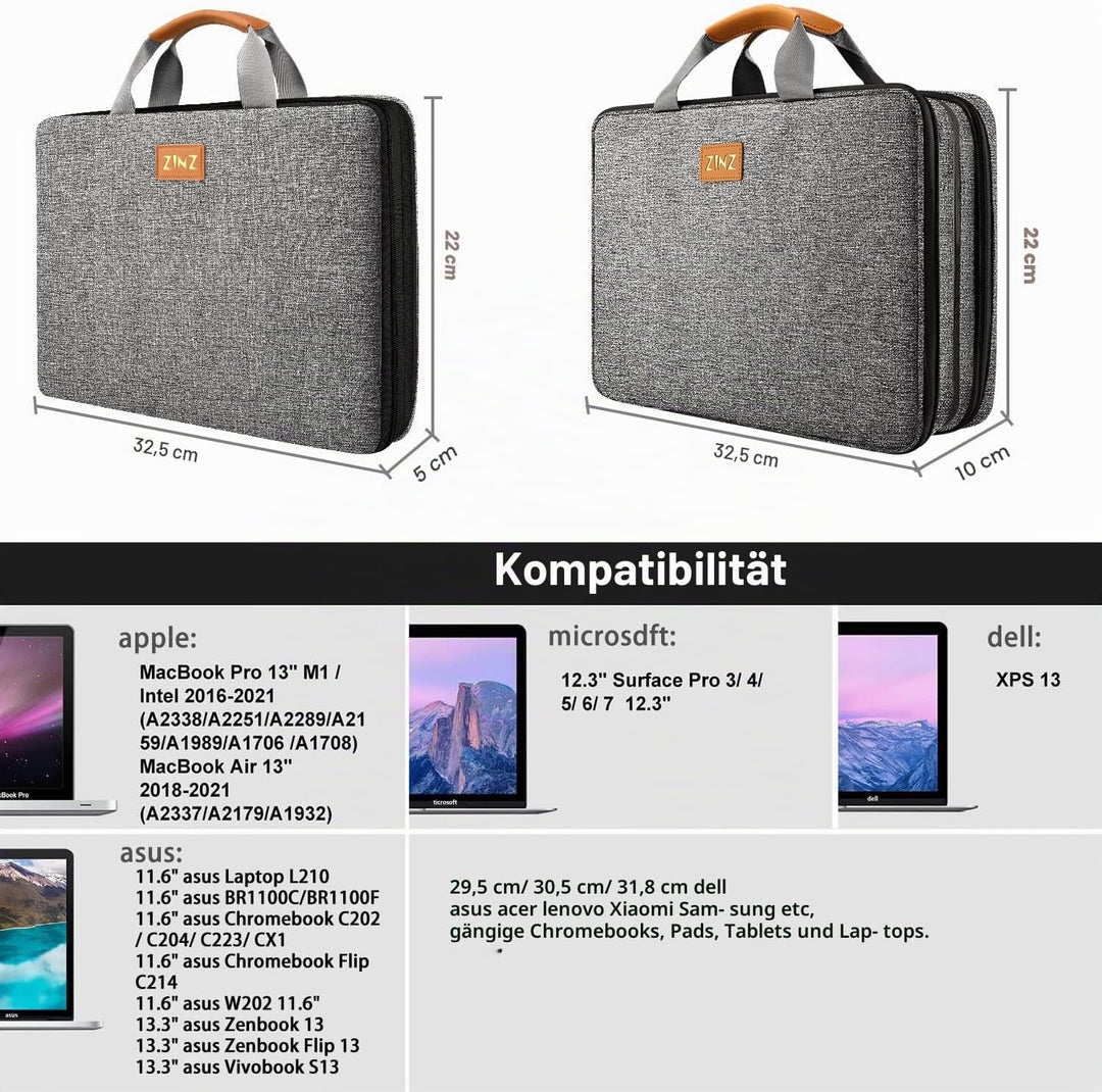 ZINZ Laptoptasche, Computer Hülle, Aktentasche mit mehreren Taschen für 11,6 12,9 13 13,3 14 15 15,6