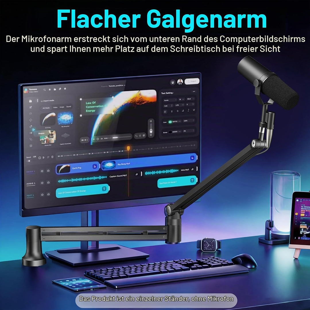 Low Profile Mikrofonarm, Verbesserter Mikrofonständer mit 7 cm Tischklemme, 3/8"- &amp; 5/8"-Adapter, Mi