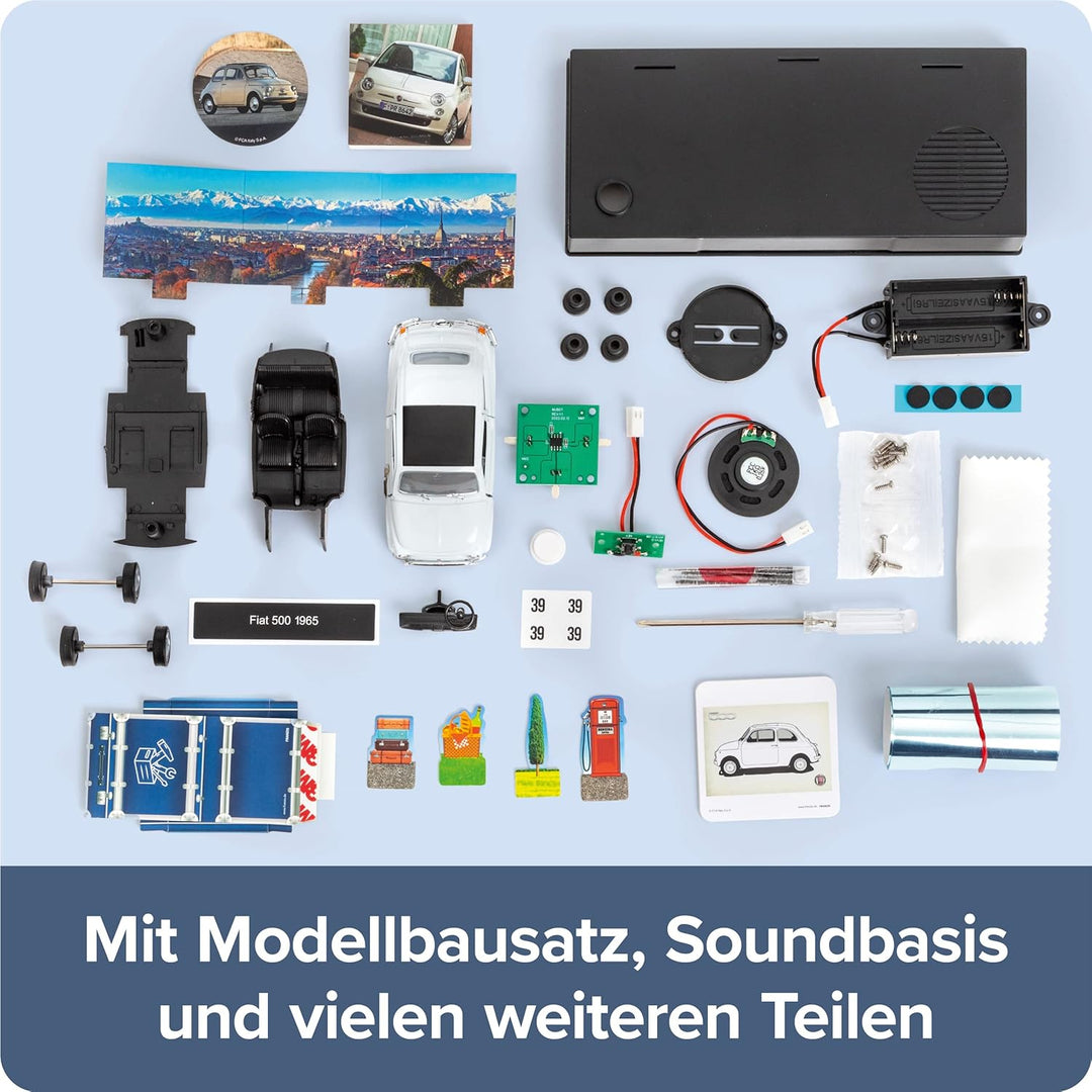 FRANZIS 67168 - Fiat 500 Adventskalender, Metall Modellbausatz im Massstab 1:38, inkl. Soundmodul un