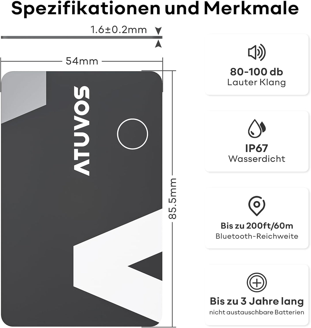 ATUVOS Wallet Tracker Karte Thin 1.6mm, Smart Air Tag Card Kompatibel mit Apple Wo ist? APP (iOS NUR
