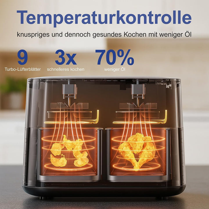 Rosenstein & Söhne Fritteuse: Dual-Heissluftfritteuse, 2 Schubladen mit Sichtfenster, 10 Programme (