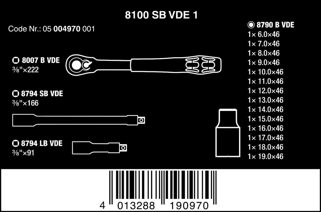 Wera 05004970001 8100 SB VDE 1 Zyklop Knarrensatz, Isoliert, Umschalthebel, 17-teilig, 3/8 Zoll Einz
