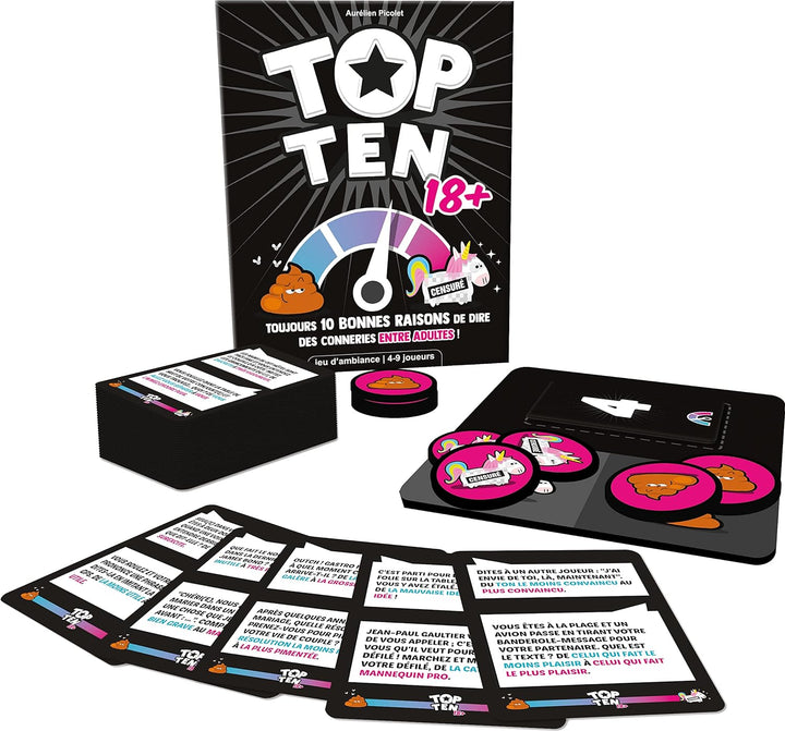 Top Ten 18+ , Cocktail-Spiele , Brettspiel ab 14 Jahren |,4 bis 9 Spieler 30 Minuten, Französisch