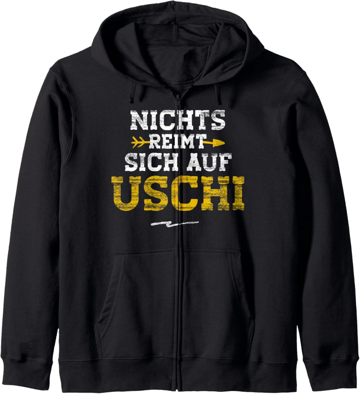 Nichts reimt sich auf Uschi. Lustiger Spruch mit Katze Kapuzenjacke