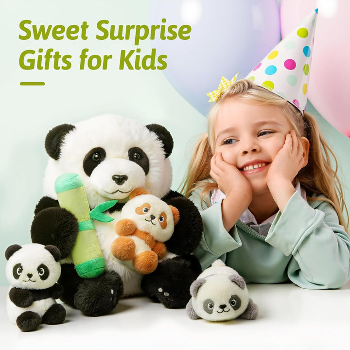OUOZZZ 5 Stück Panda Kuscheltier und Bambus-Tasche, 25cm Weich Panda Plüschtier mit 3 Baby im Bauch