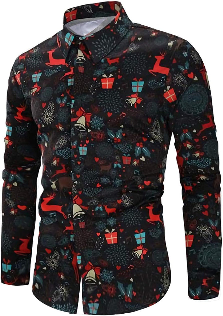 Goodstoworld Weihnachtshemd Herren Weihnachten Muster 3D Bedruckte Langärm Slim Fit Stehkragen Bügel