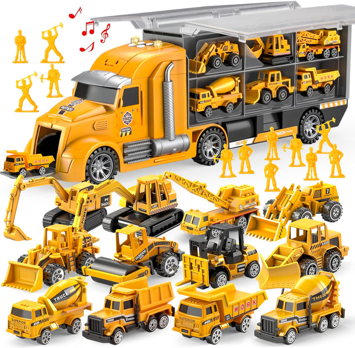 JOYIN 25-in-1-Spielzeugset aus Druckguss-Baufahrzeugen (einschliesslich Transporter, Bagger, Kipper,
