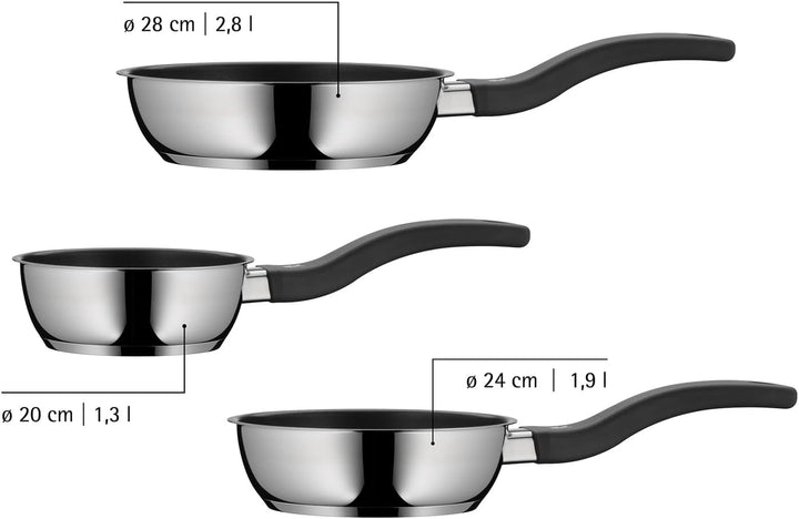 WMF Devil Pfannenset 3-teilig, Silber, Bratpfanne 24, 20, 28 cm, Induktion, Cromargan Edelstahl besc