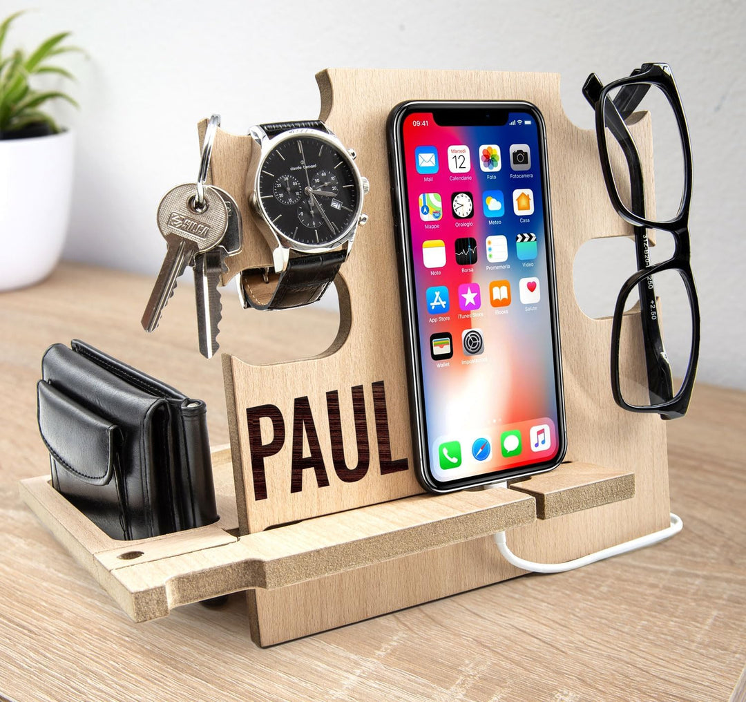 Dockingstation aus Holz, Schreibtischorganisator, Aufbewahrungshalter - Geschenkidee für Männer, Wei