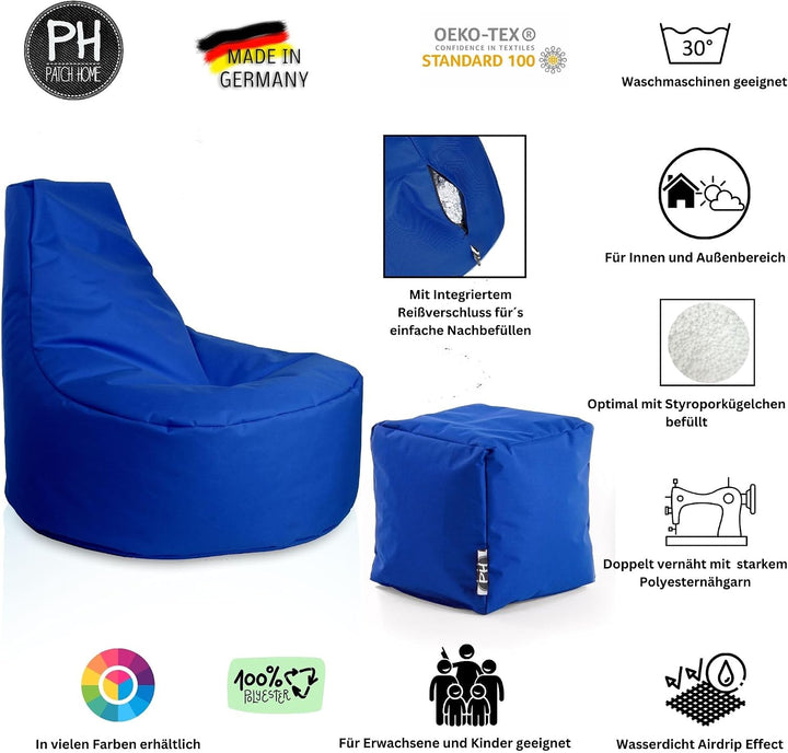 PATCH HOME Gamer Kissen Lounge Kissen Sitzsack Sessel Sitzkissen Bean Bag + Würfel/Hocker mit Reissv