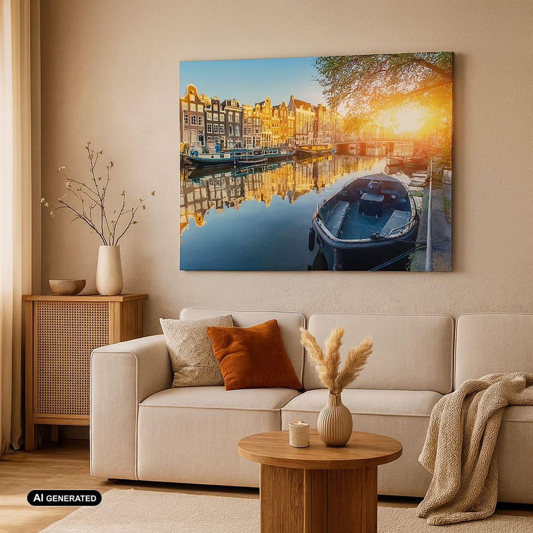 Bilder auf Leinwand 100x70cm Leinwandbild Kanal Boot Amsterdam Wasser Gross Wanddeko Bild Schlafzimm