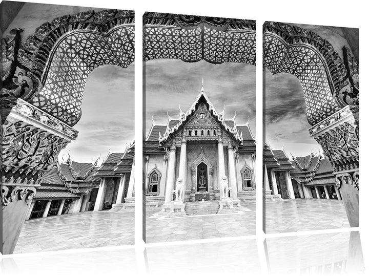 Pixxprint Marmortempel von Bangkok Kunst B&W / 3-Teilig/Gesamtmass 120cm Leinwandbild bespannt auf H
