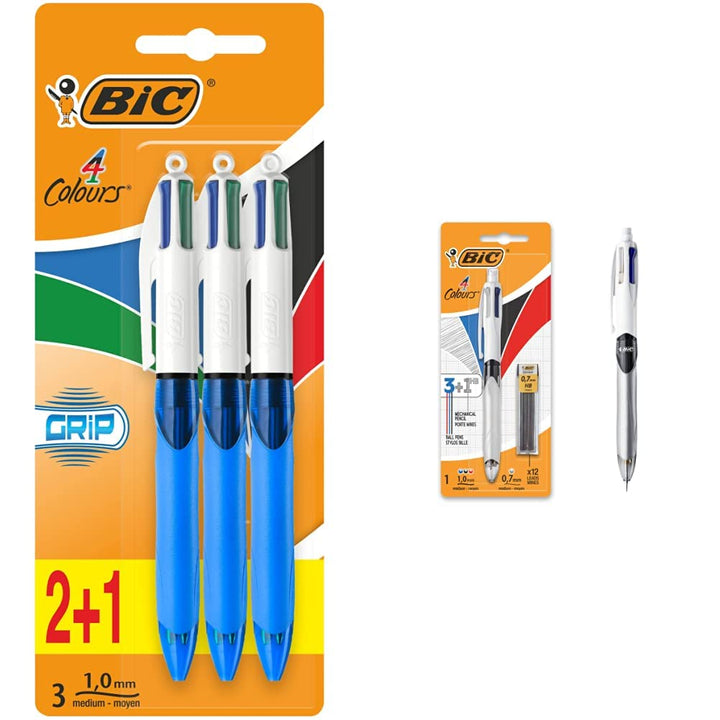 BIC 8899301 4 Colour Grip Kugelschreiber 3 Stück farblich sortiert & 4 Farben Kugelschreiber Set 4 C