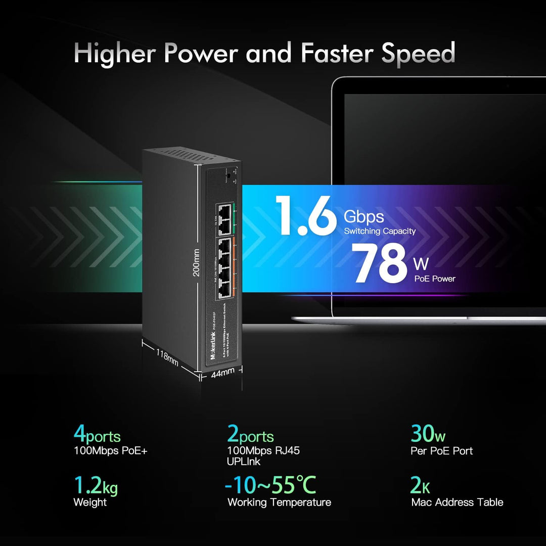 MokerLink 4 Port PoE Switch mit 2 Uplink Ethernet-Ports, 78W High Power, Unterstützung IEEE802.3af/a