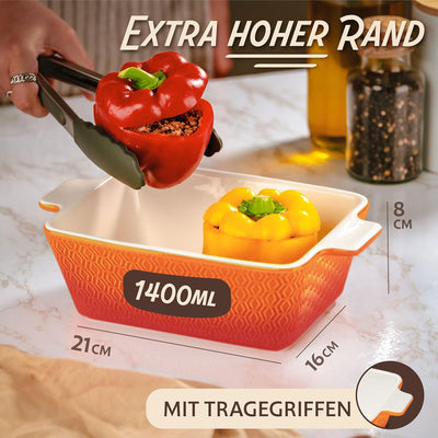 Auflaufform aus Keramik für 2 Personen - Für Lasagne, Tiramisu & Auflauf - Extra Hoher Rand - Eckig