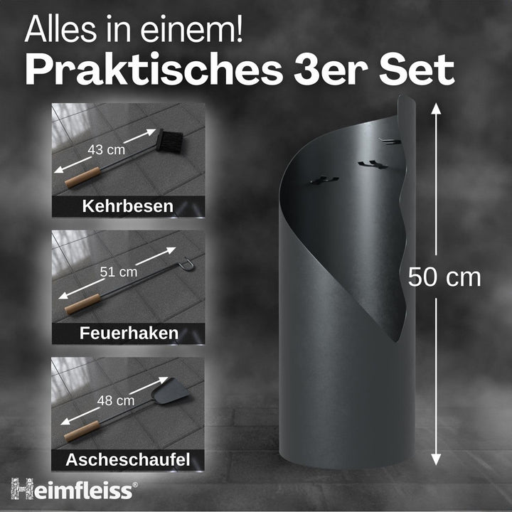Heimfleiss® Kaminbesteck Modern Grau | Ofenbesteck Kaminbesteck Set | Hochwertiges Kaminset aus Schü
