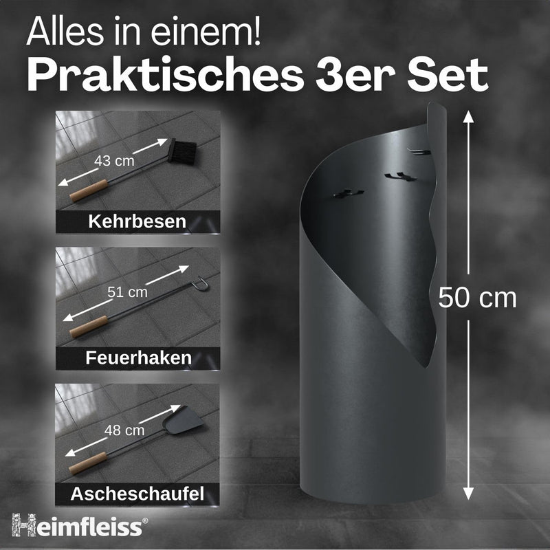 Heimfleiss® Kaminbesteck Modern Grau | Ofenbesteck Kaminbesteck Set | Hochwertiges Kaminset aus Schü
