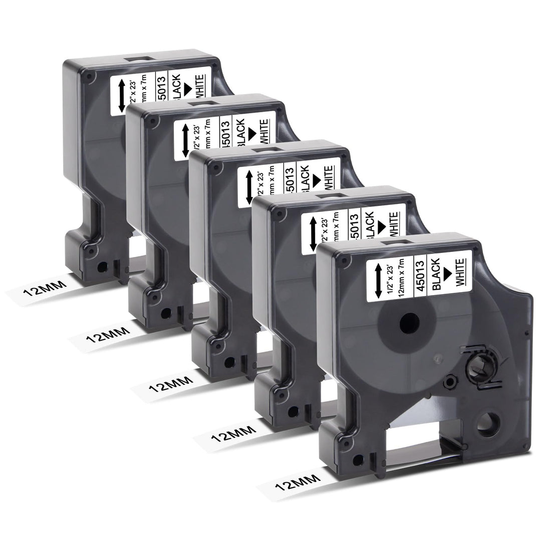 5x Kompatibel für Dymo D1 Etikettenband 12mm x 7m 45013 A45013 S0720530 Schwarz auf Weiss Schriftban