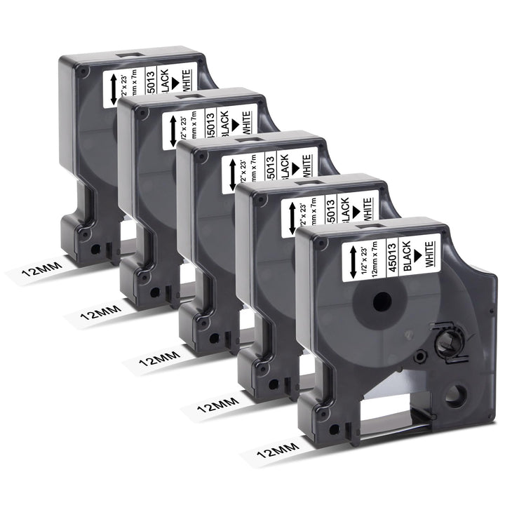 5x Kompatibel für Dymo D1 Etikettenband 12mm x 7m 45013 A45013 S0720530 Schwarz auf Weiss Schriftban