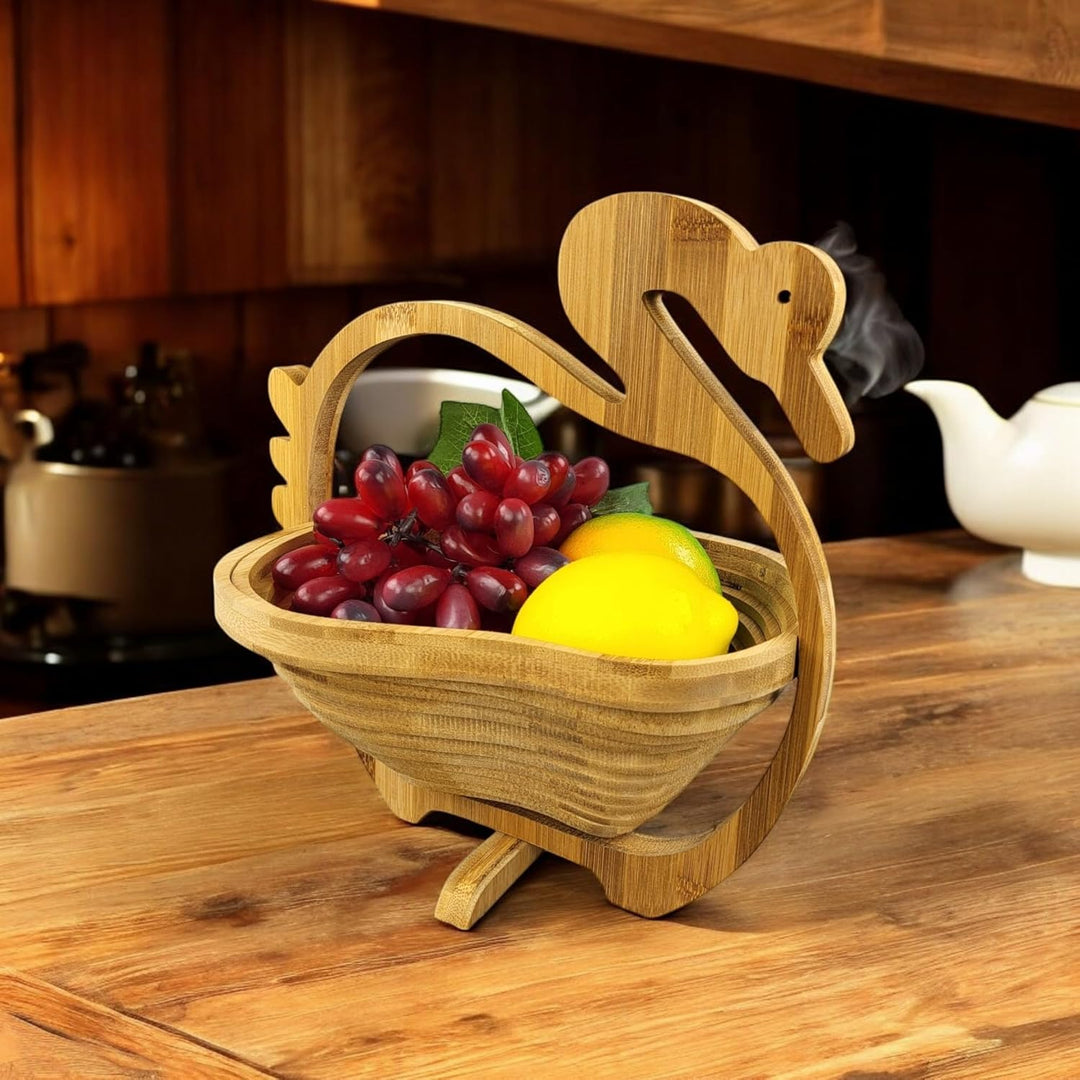 GMMH Obstkorb und Topfuntersetzer aus Bambus (Schwan) Faltbare Obstschale, Korb Schale Klappkorb Fal