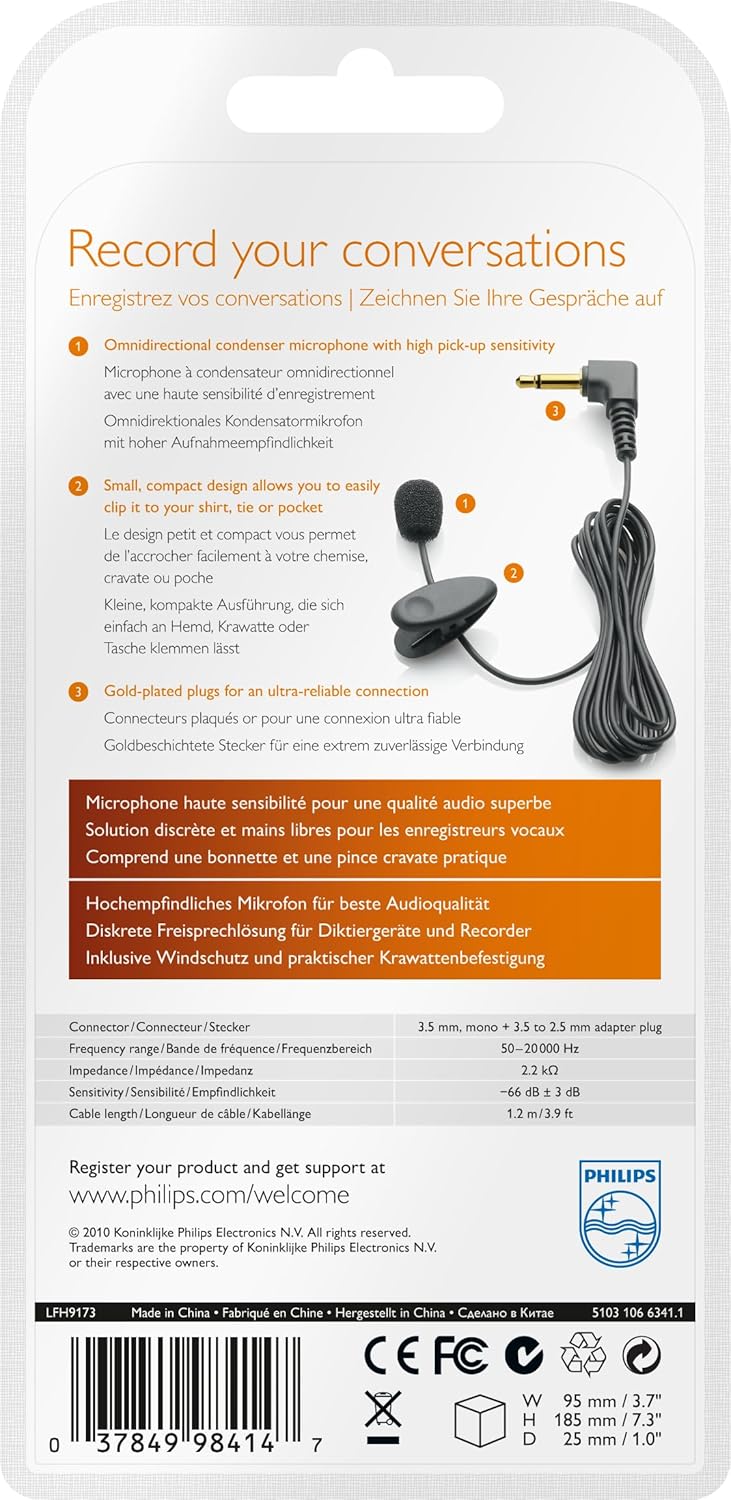Philips LFH9173 Anclippbares Mikrofon mit 3.5 mm Klinke, Windabschirmung Krawattenclip, Kabellänge 1