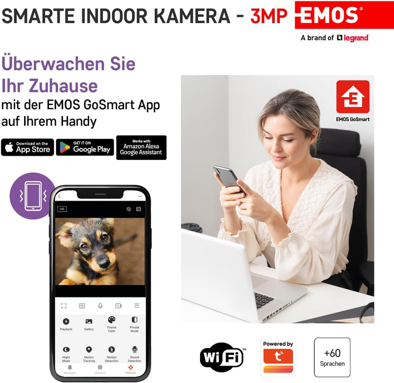 EMOS GoSmart Überwachungskamera mit WiFi und App, Indoor Smart Home Tierkamera, rotierende 3MP/1296p