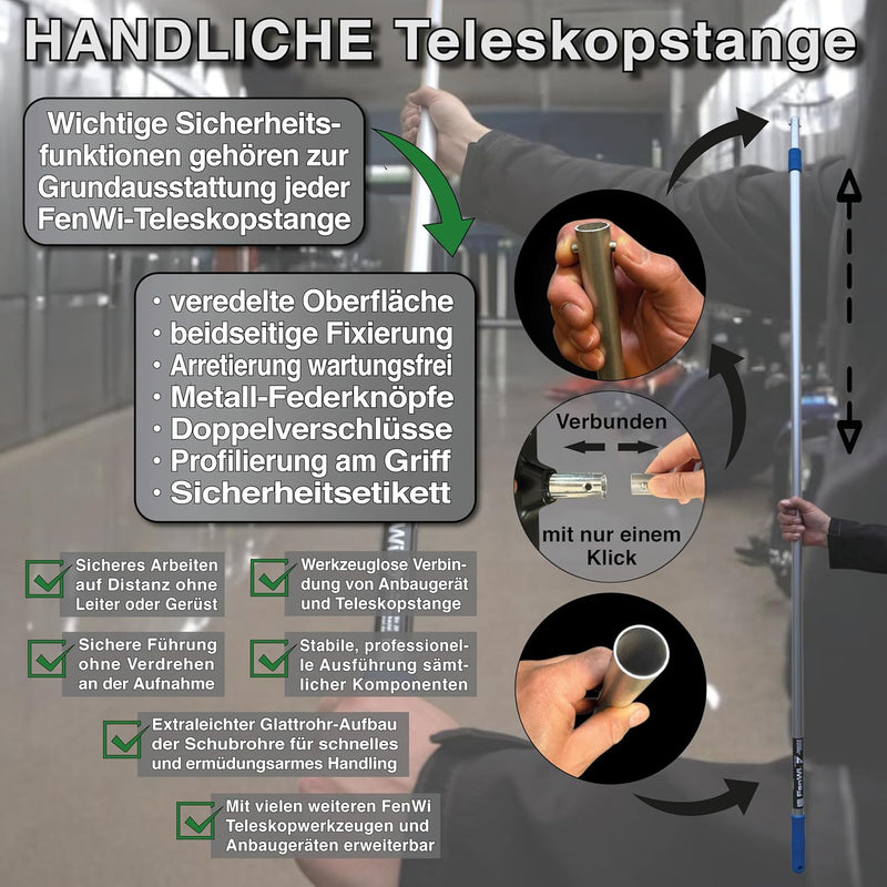 FenWi 3m Teleskop Fensterputzer Profi Set mit 25/30cm Kombi Einwascher/Abzieher, Gummilippe, Kombi F