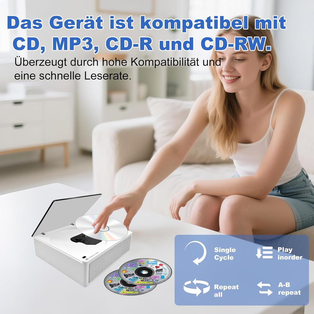 Tragbarer CD-Player mit Bluetooth 5.3 Sender & Empfänger, 4000mAh Akku, HiFi-Sound, USB/TF/AUX, LED-