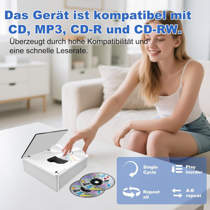 Tragbarer CD-Player mit Bluetooth 5.3 Sender & Empfänger, 4000mAh Akku, HiFi-Sound, USB/TF/AUX, LED-