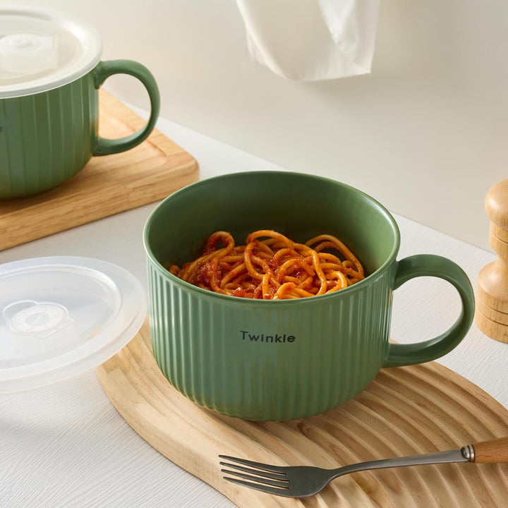 Keramik Suppenschalen mit Griff und Deckel, 750 ml Grosse Suppentasse für Suppe, Instant-Nudel, Müsl
