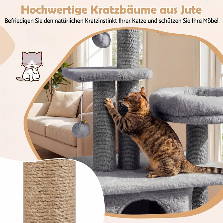 COSTWAY Kratzbaum, 96 cm, Katzenbaum mit Katzenhöhle, Plattform, Bett, grosser Basis & 2 Bällen, Dic