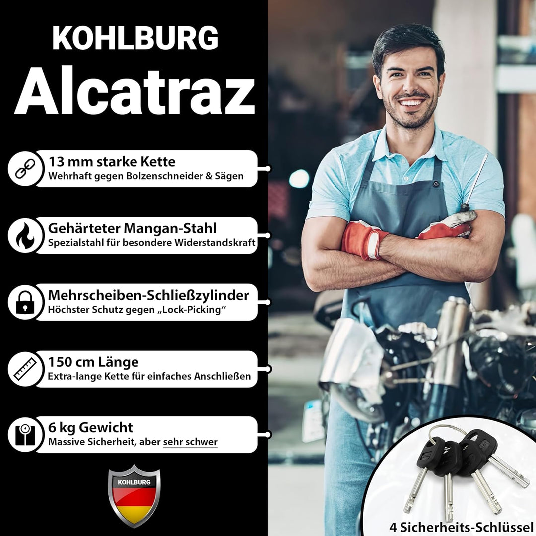KOHLBURG 6kg massives 150cm VdS Sicherheits- Motorradschloss Typ Alcatraz, 13mm Spezialstahl-Kette,
