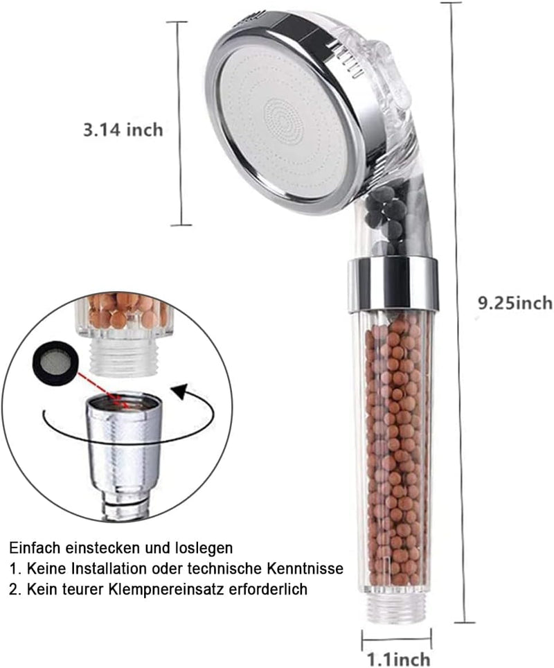 Duschkopf mit Schlauch 2M, Wassersparend Duschbrause mit Mineralsteinen Ionen Handbrause Druckerhöhu