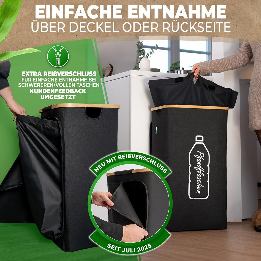 COTTARA® Pfandflaschen Sammelbehälter mit Deckel inkl. XXL Tragetasche | Pfandbehälter mit Loch | Id