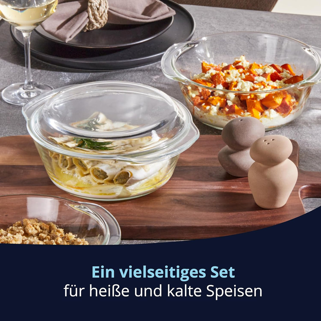 KHG Auflaufformen aus Glas mit Deckel 4er Set 1,5 Liter Rund für kalte & warme Speisen, spülmaschine