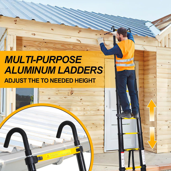 Aluminium Teleskopleiter 3.2M, Ausziehbare Leiter mit Stabilisator und Abnehmbaren Haken, Rutschfest