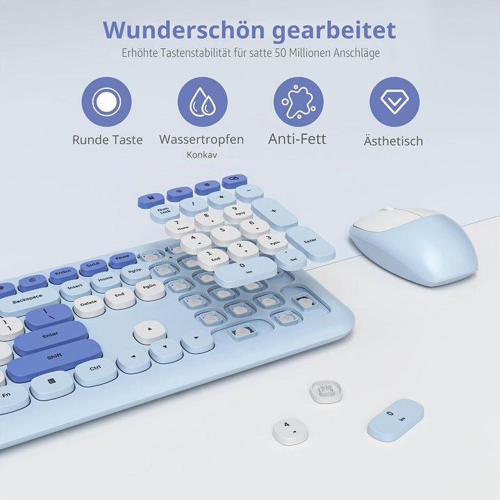 SOLIDEE Buntes kabellose Tastatur und Maus-Kombination,2.4GHz Retro Schreibmaschine Tastatur,104 Tas