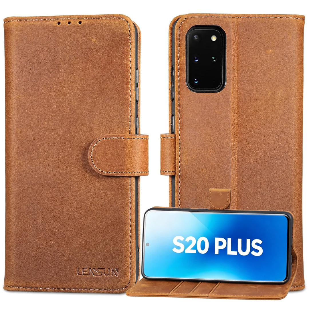 LENSUN Echtleder Hülle für Samsung Galaxy S20 Plus, Handyhülle [Echtes Leder] [Magnetverschluss] [Ka