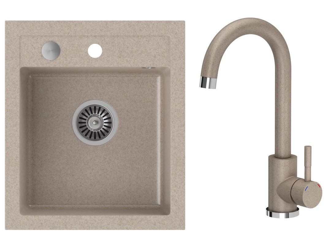 VBChome Spülbecken mit Armatur 43 x 50 cm Beige Granit Einzelbecken Einbauspüle gesprenkelt reversib